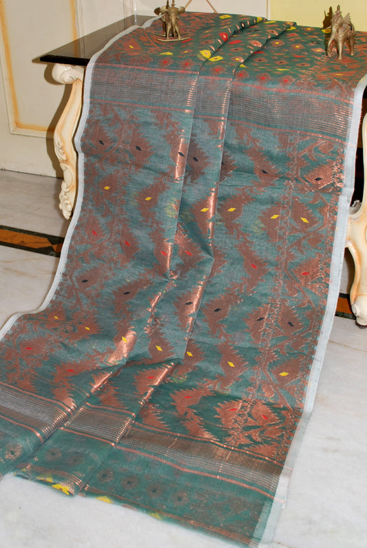 Exclusive Zari Dhakai Jamdani Saree in Hunter Green, Copper and Multicolored Meenakari Work