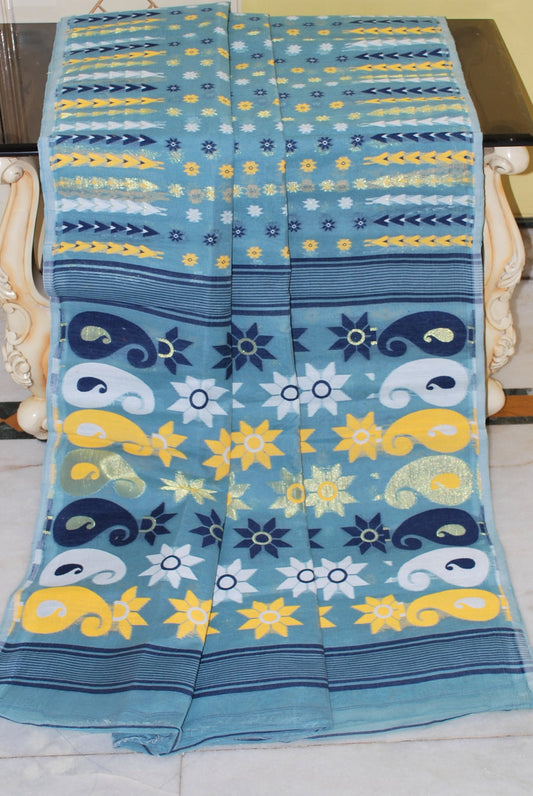 Cotton Muslin Jamdani Saree in Carolina Blue and Multicolored Thread Work