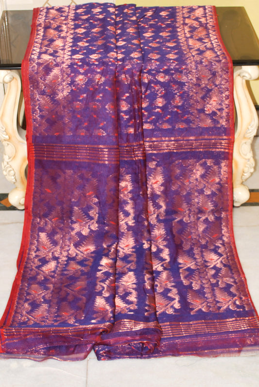 Soft Zari Brocade Dhakai Jamdani Saree in Dark Purple and Copper