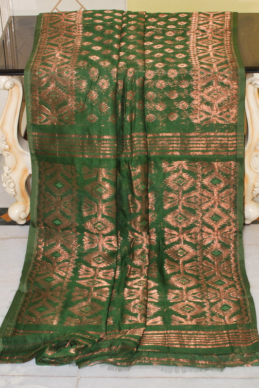 Soft Zari Brocade Dhakai Jamdani Saree in Pickle Green and Copper