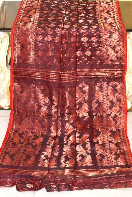 Soft Zari Brocade Dhakai Jamdani Saree in Garnet and Copper