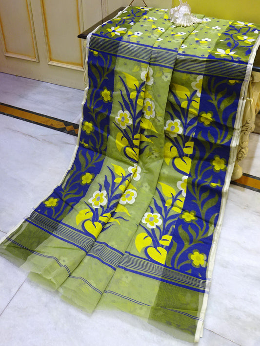 Floral Nakshi Motif Work Dhakai Jamdani Saree in Pale Lime Green, Royal Blue, Off White and Yellow