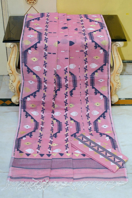 Handwoven Karat Nakshi Jamdani Work Cotton Mulsin Saree in Viola Purple, Midnight Blue and Multicolored