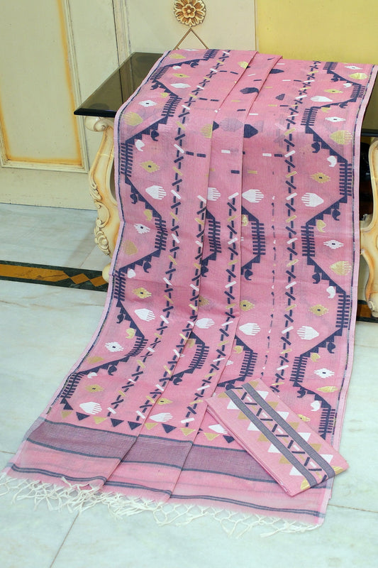 Handwoven Karat Nakshi Jamdani Work Cotton Mulsin Saree in Viola Purple, Midnight Blue and Multicolored