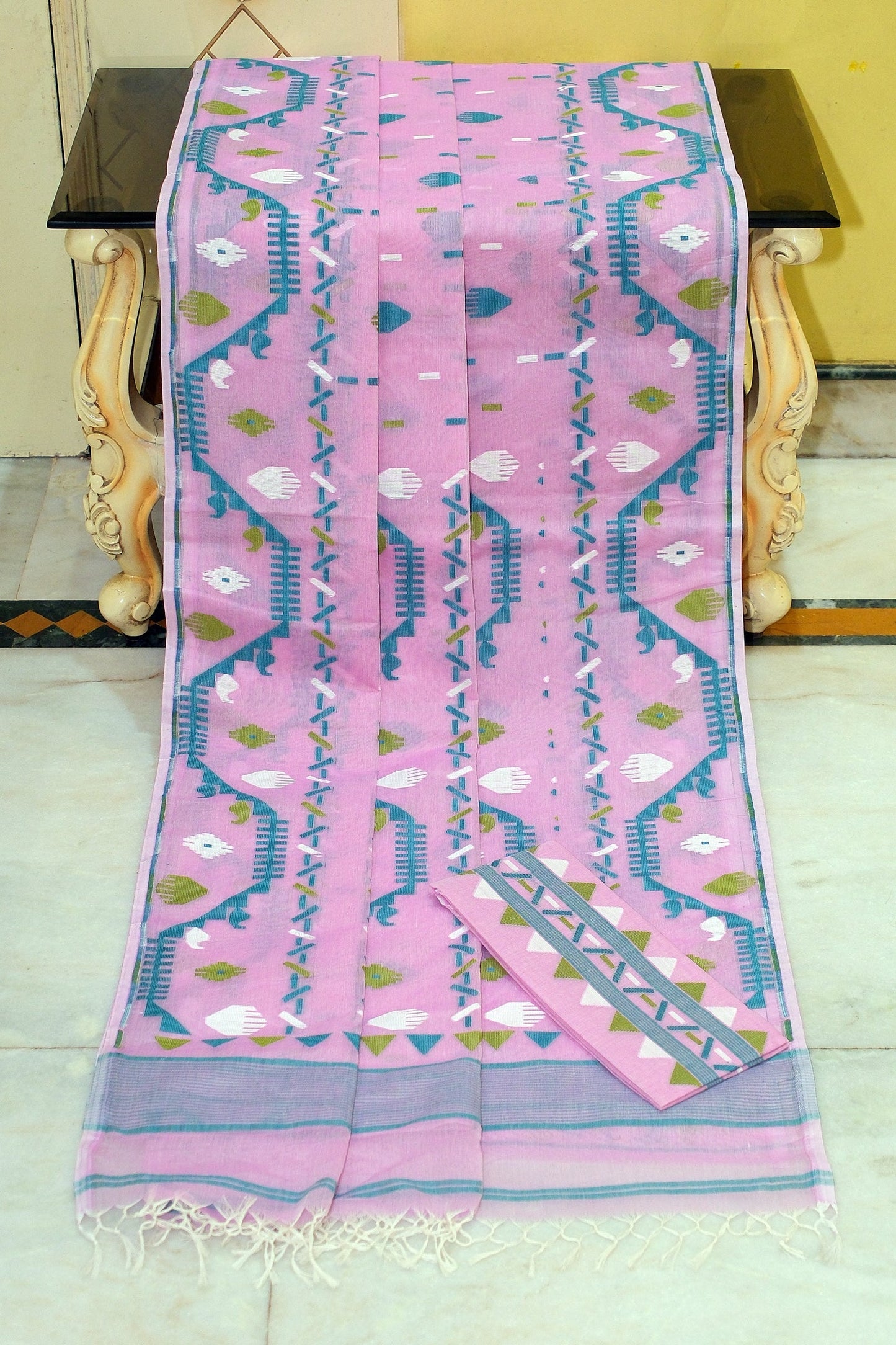 Handwoven Karat Nakshi Jamdani Work Cotton Mulsin Saree in Pink, Deep Sea Green and Multicolored