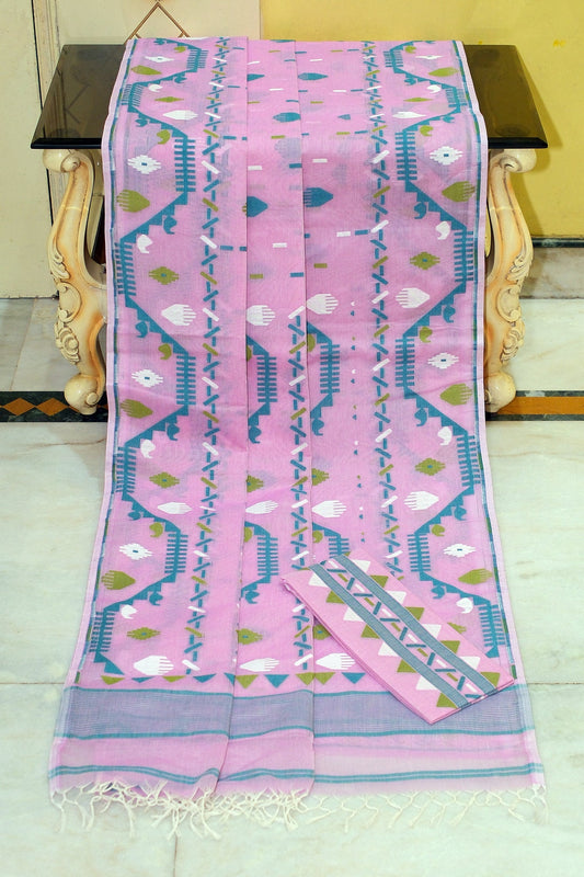 Handwoven Karat Nakshi Jamdani Work Cotton Mulsin Saree in Pink, Deep Sea Green and Multicolored