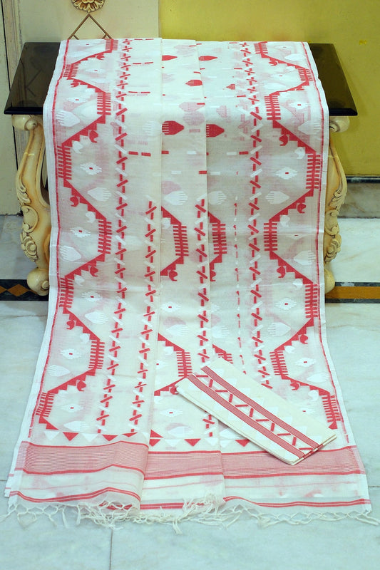 Handwoven Karat Nakshi Jamdani Work Cotton Mulsin Saree in Off White, White and Red
