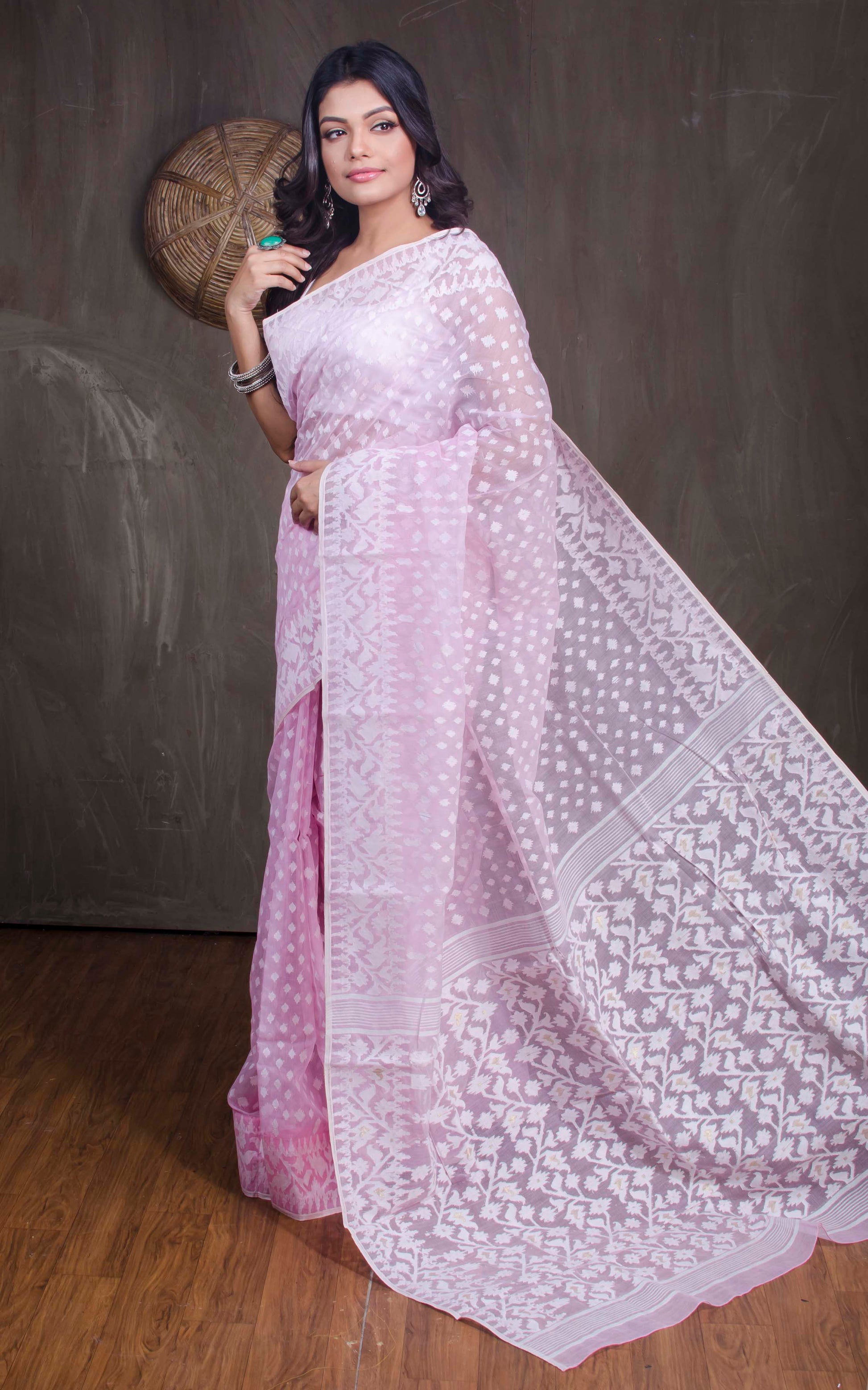 Sholapuri Work Jamdani Saree in Pastel Pink and Off White