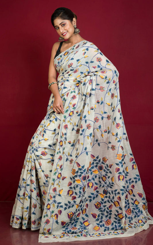 Tantuja Inspired Traditional Soft Jamdani Saree in Stone Beige and Multicolored