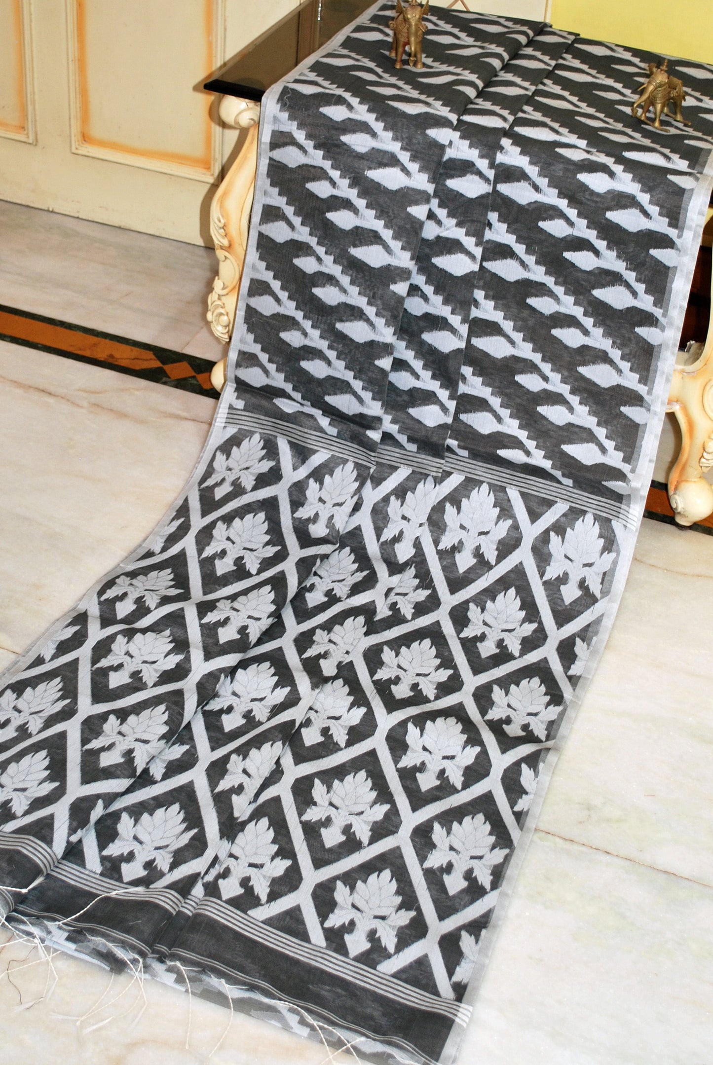 Sholapuri Work Soft Muslin Jamdani Silk Saree in Charcoal Black and Off White Thread Work