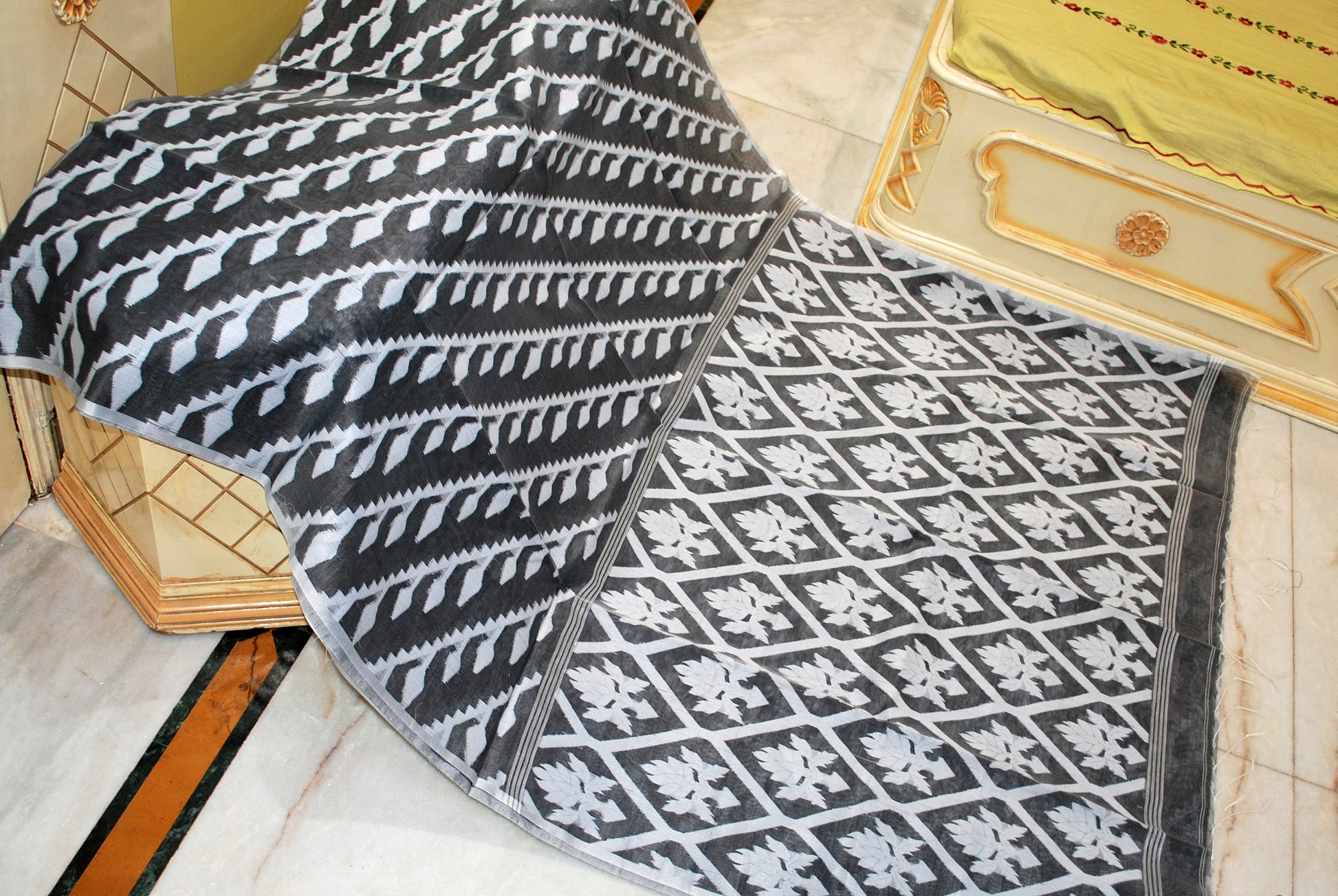 Sholapuri Work Soft Muslin Jamdani Silk Saree in Charcoal Black and Off White Thread Work