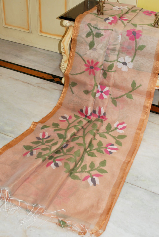 Floral Woven Jaal Work Muslin Silk Jamdani Saree in Lemonade and Multicolored