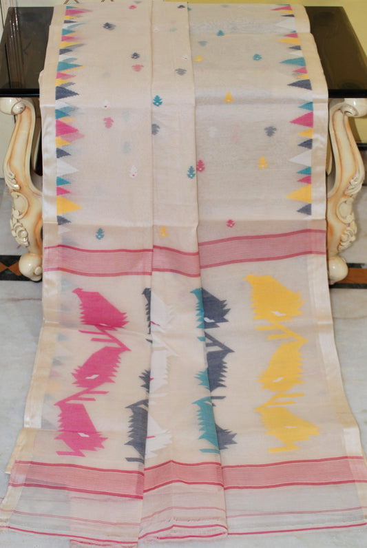 Crowned Temple Multicolored Nakshi Work Muslin Silk Jamdani Saree in Spring White and Multicolored
