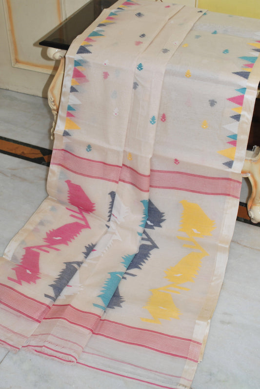 Crowned Temple Multicolored Nakshi Work Muslin Silk Jamdani Saree in Spring White and Multicolored