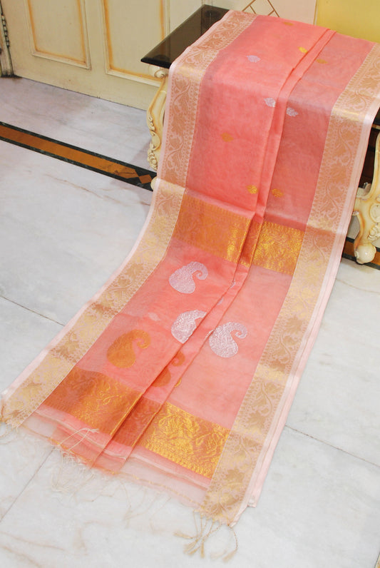 Soft Muslin Silk Banarasi Saree in Peach, Off White, Golden and Silver Zari Work