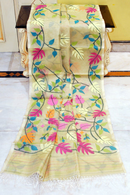 Premium Quality Jangla Jaal Work Muslin Silk Dhakai Jamdani Saree in Tahuna Sands, Black and Multicolored Thread Work