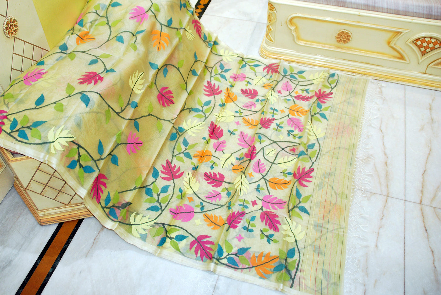 Premium Quality Jangla Jaal Work Muslin Silk Dhakai Jamdani Saree in Tahuna Sands, Black and Multicolored Thread Work