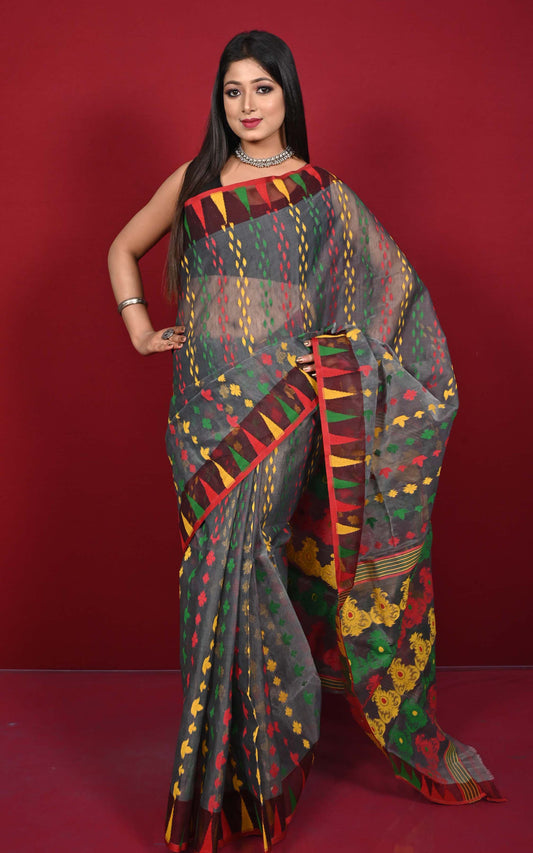 Multicolor Crowned Temple Border Handwoven Jamdani Saree in Dark Grey, Red, Yellow and Green