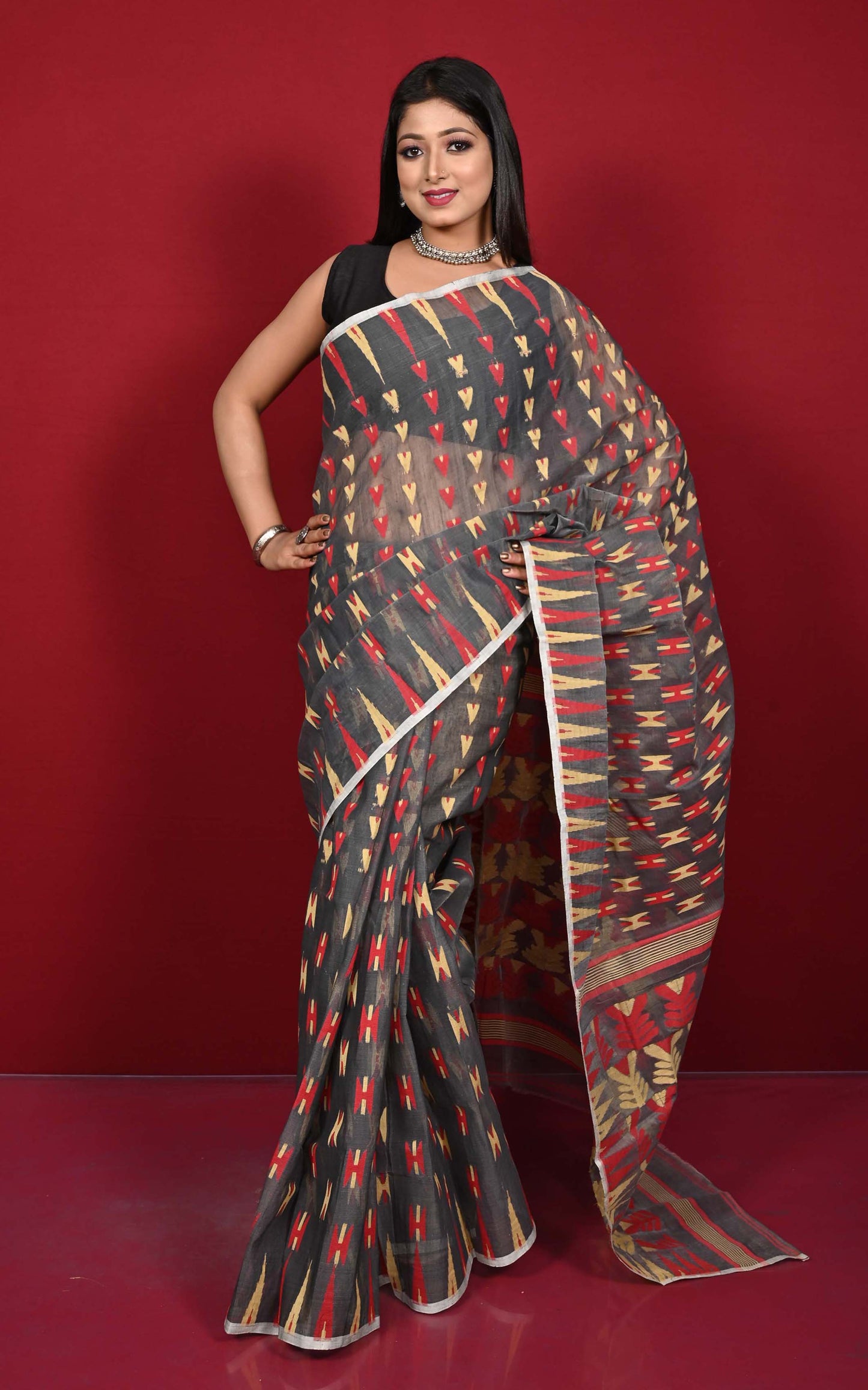 Crowned Temple Border Handwoven Geometric Nakshi Butta Work Cotton Muslin Jamdani Saree in Gray, Parmesan and Red