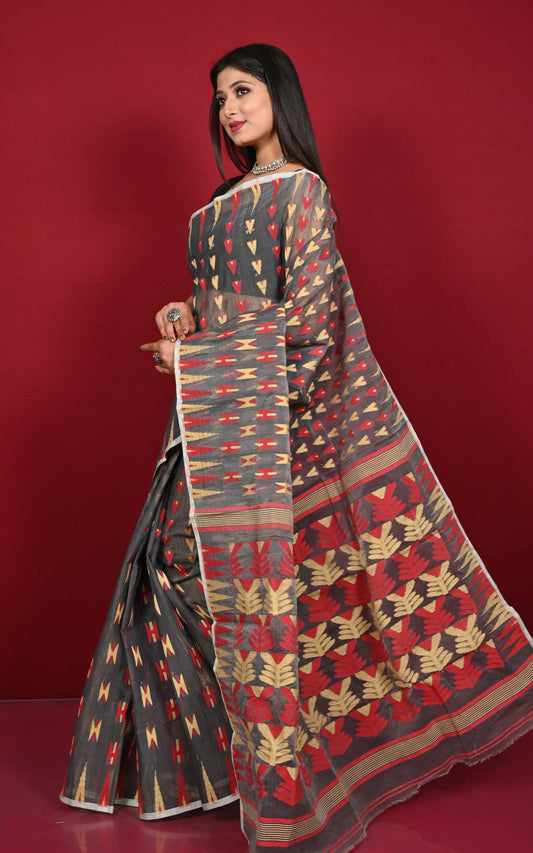 Crowned Temple Border Handwoven Geometric Nakshi Butta Work Cotton Muslin Jamdani Saree in Gray, Parmesan and Red