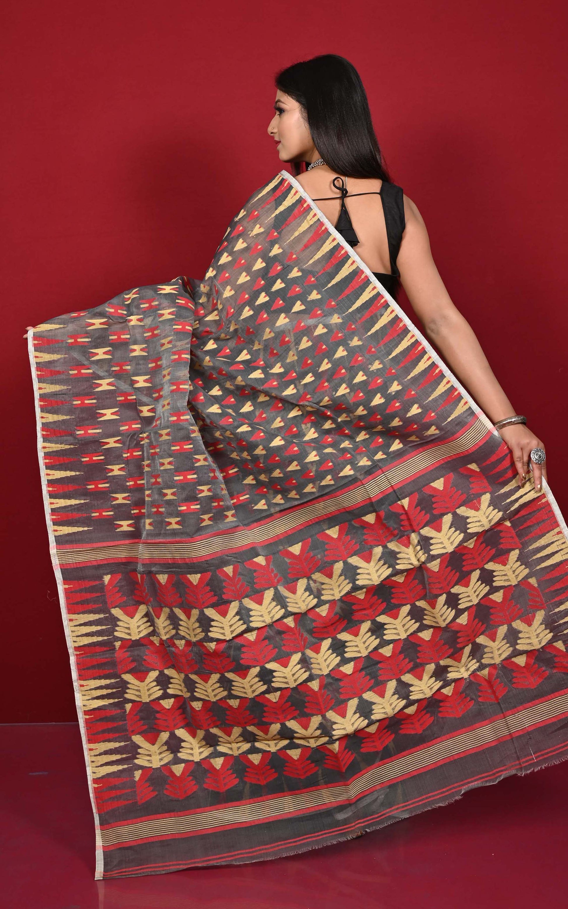 Crowned Temple Border Handwoven Geometric Nakshi Butta Work Cotton Muslin Jamdani Saree in Gray, Parmesan and Red