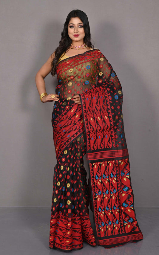 Karat Skirt Nakshi Border Work Soft Handwoven Jamdani Saree in Black and Multicolored