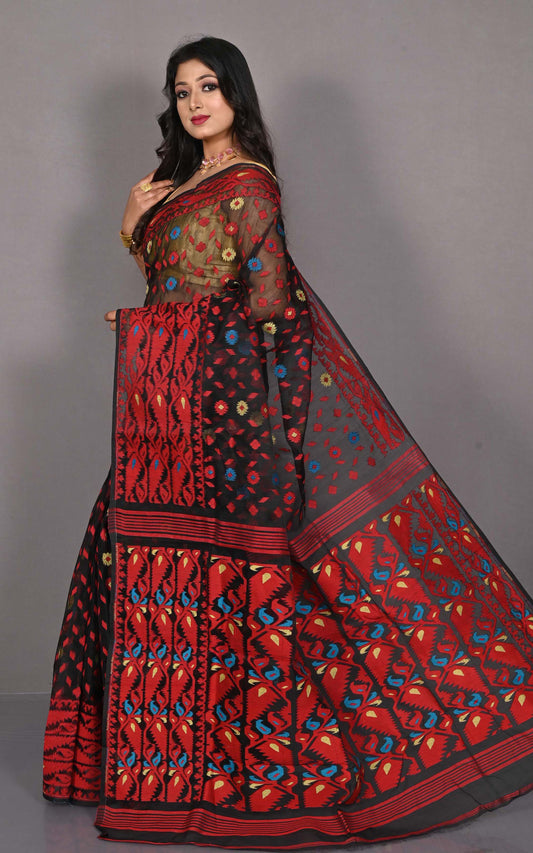 Karat Skirt Nakshi Border Work Soft Handwoven Jamdani Saree in Black and Multicolored