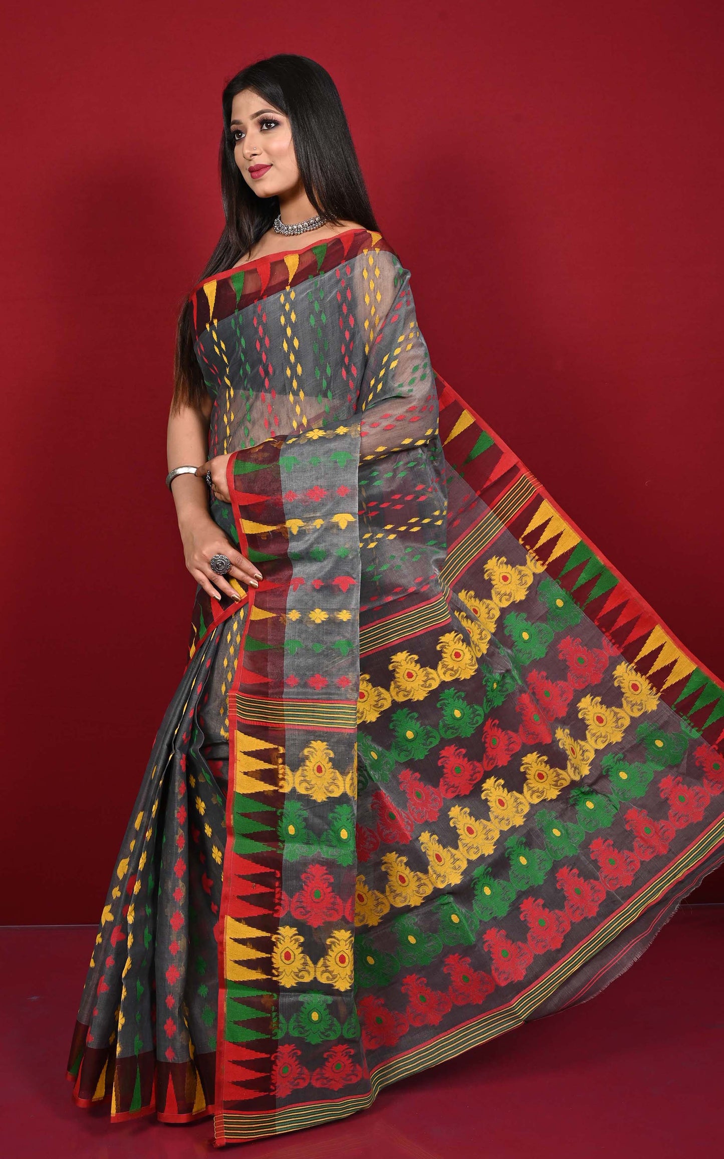 Multicolor Crowned Temple Border Handwoven Jamdani Saree in Dark Grey, Red, Yellow and Green