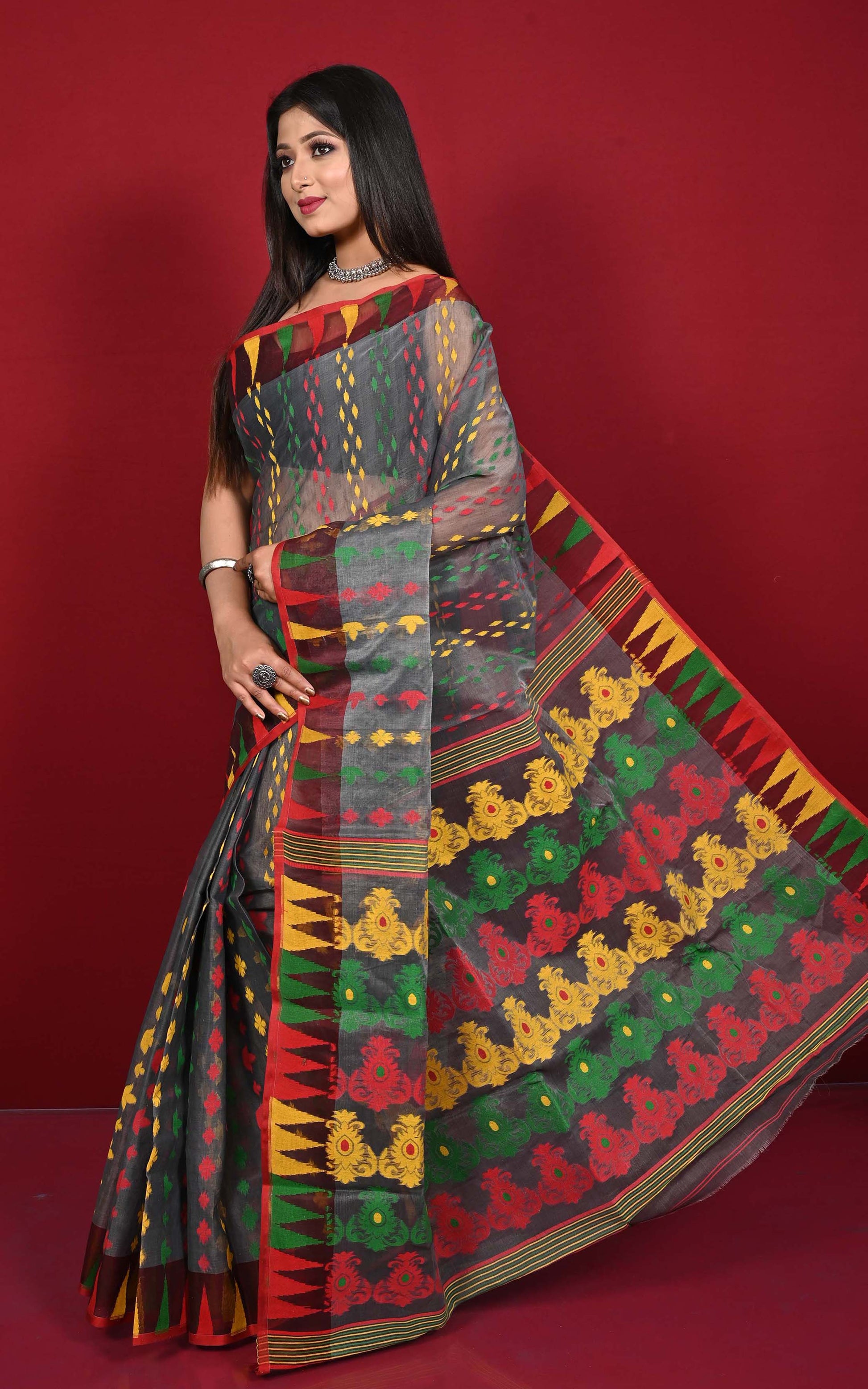 Multicolor Crowned Temple Border Handwoven Jamdani Saree in Dark Grey, Red, Yellow and Green