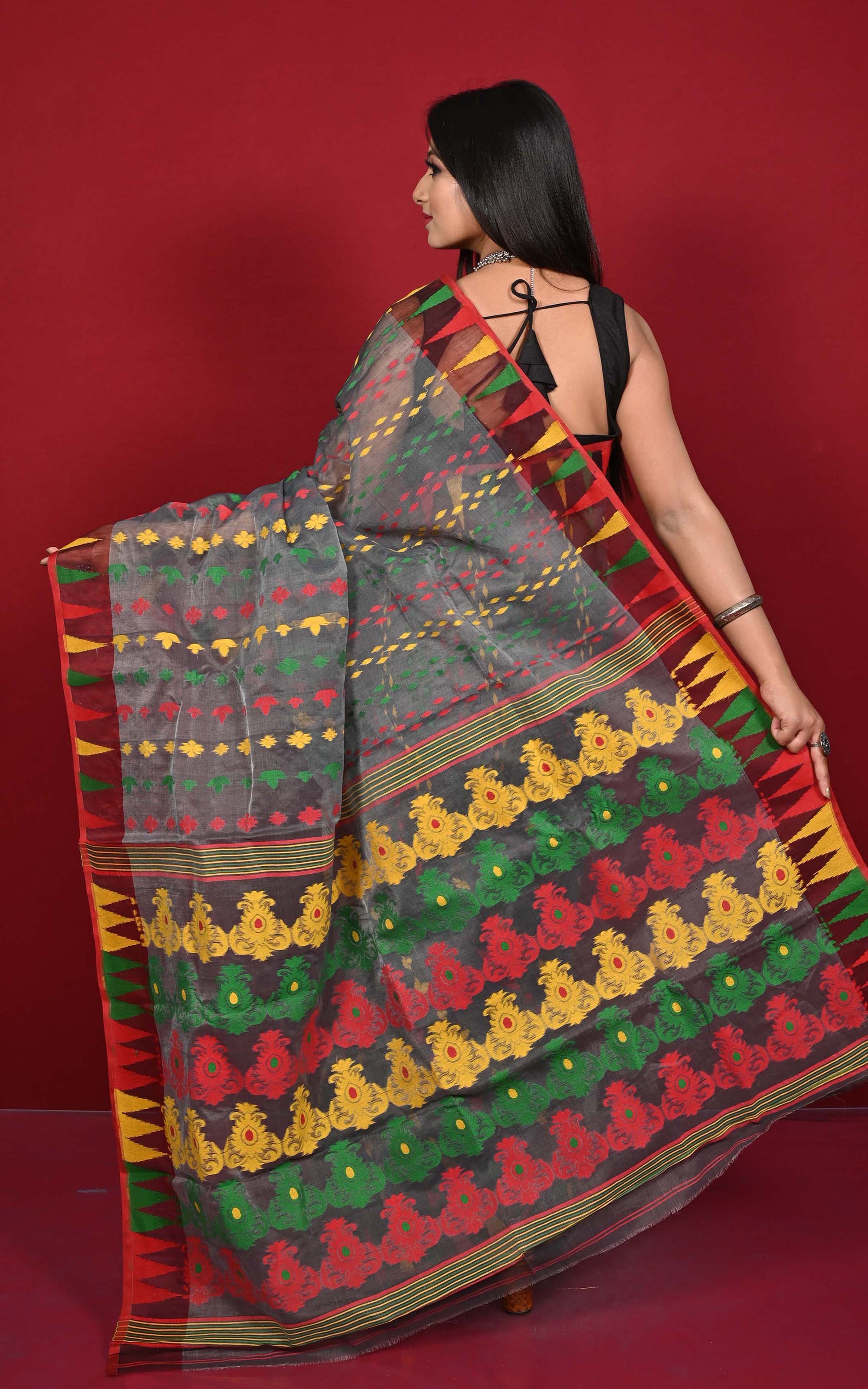Multicolor Crowned Temple Border Handwoven Jamdani Saree in Dark Grey, Red, Yellow and Green