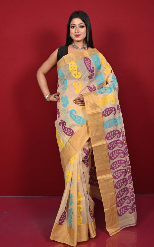 Handwoven Paisley Nakshi Motif Dhakai Jamdani Saree in Beige, Purple, Azure and Yellow