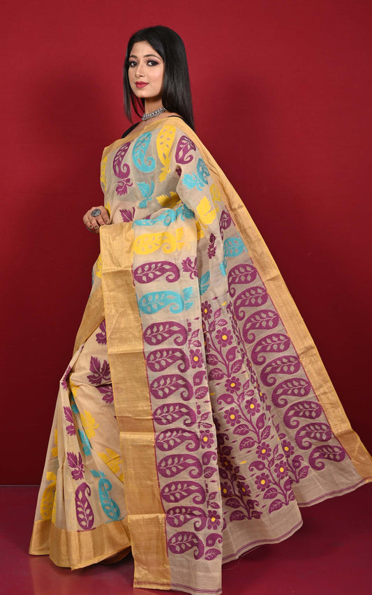 Handwoven Paisley Nakshi Motif Dhakai Jamdani Saree in Beige, Purple, Azure and Yellow