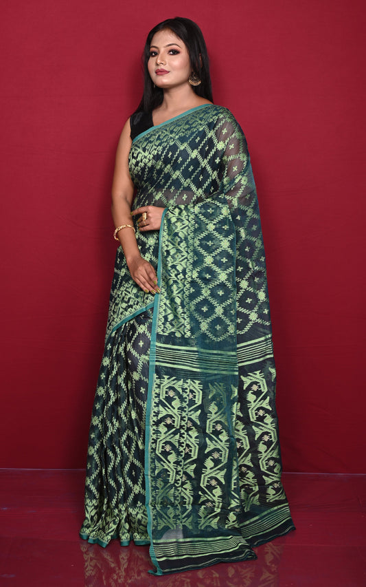 Traditional Cotton Muslin Soft Jamdani Saree in Pine Green and Light Green