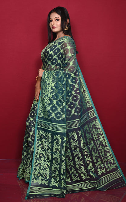 Traditional Cotton Muslin Soft Jamdani Saree in Pine Green and Light Green