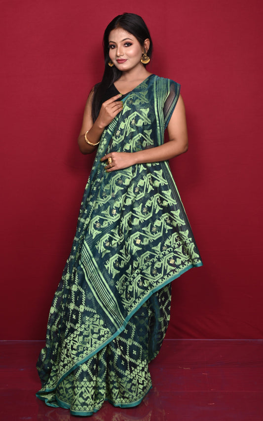 Traditional Cotton Muslin Soft Jamdani Saree in Pine Green and Light Green