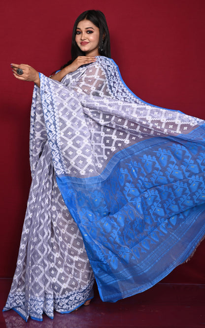 Traditional Cotton Muslin Soft Jamdani Saree in Off White and Dodger Blue