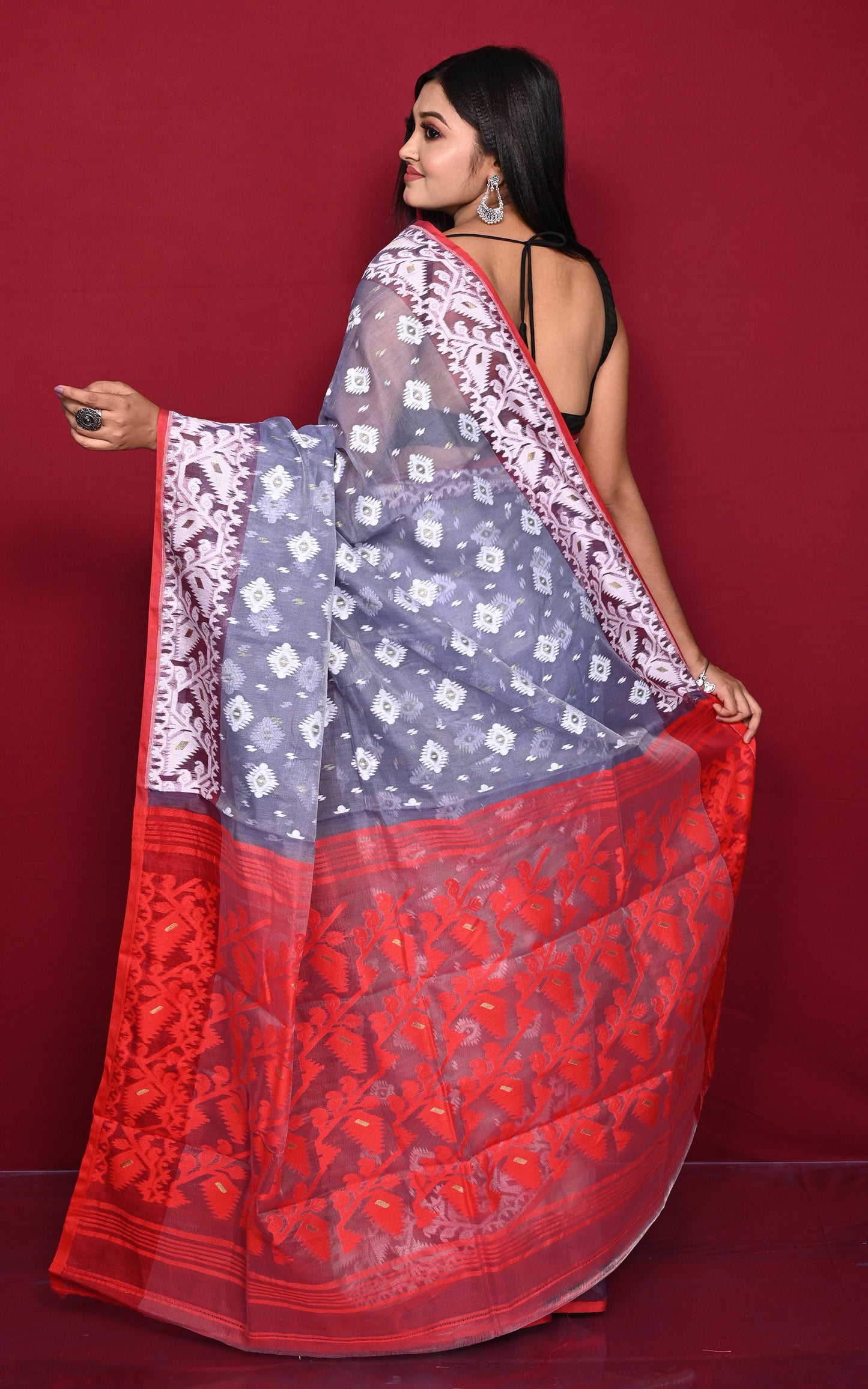 Traditional Cotton Muslin Soft Jamdani Saree in Ash, Red and Off White