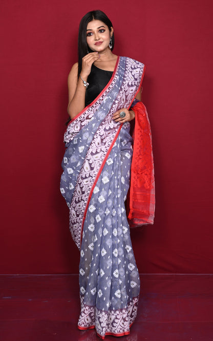 Traditional Cotton Muslin Soft Jamdani Saree in Ash, Red and Off White