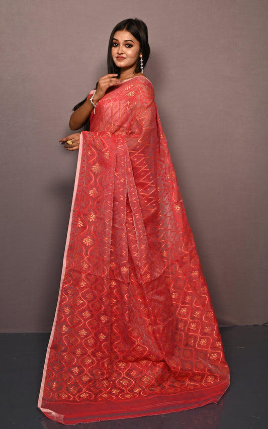 Traditional Soft Jamdani Saree in Pastel Red and Muted Golden