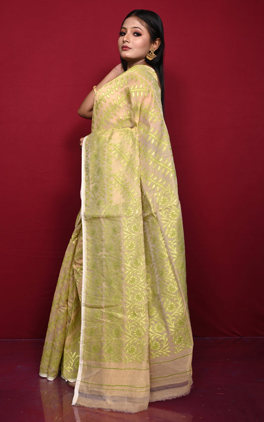 Traditional Soft Jamdani Saree in Peach, Bright Green and Muted Golden
