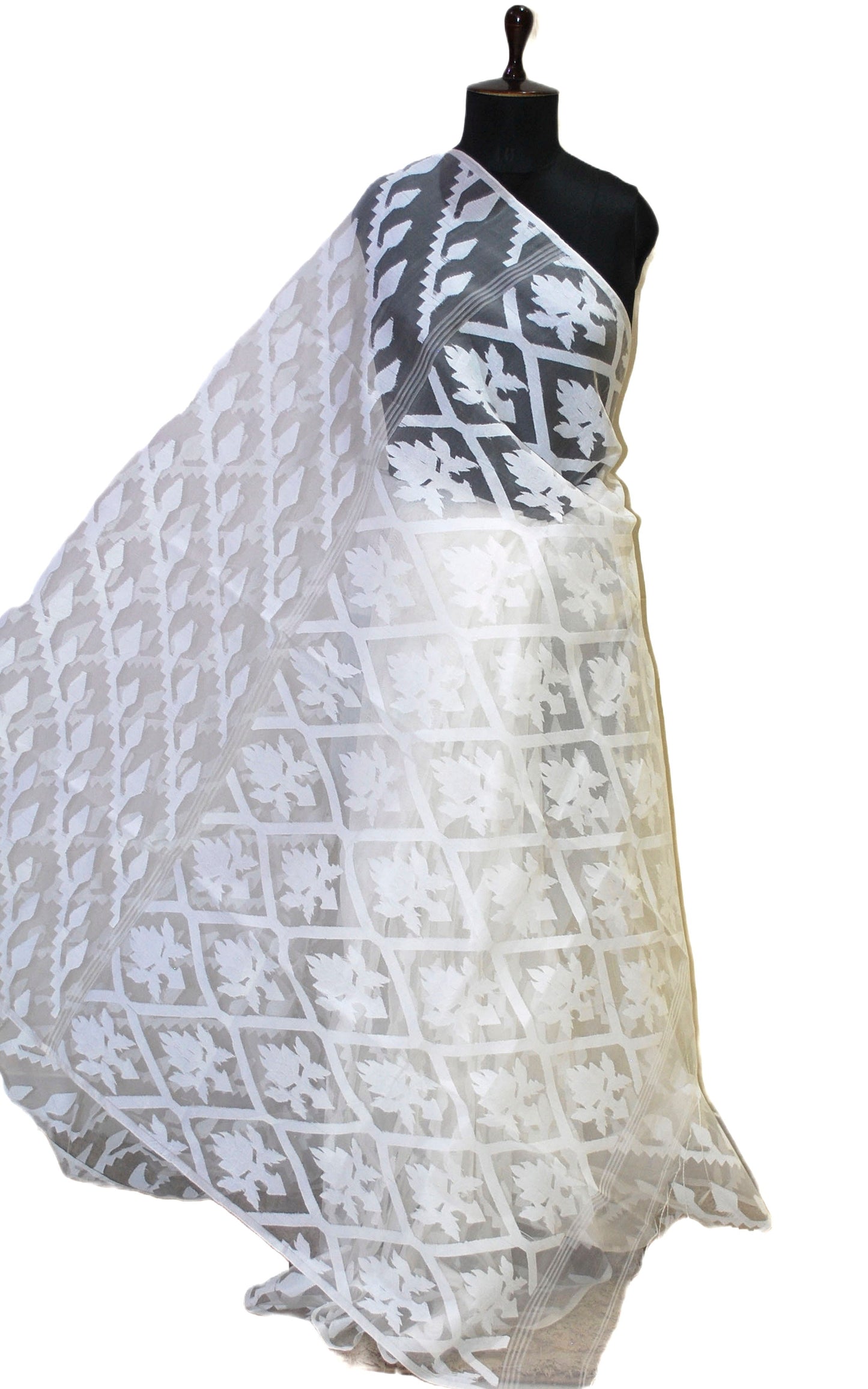 Sholapuri Thread Work Soft Muslin Jamdani Silk Saree in Off White and White