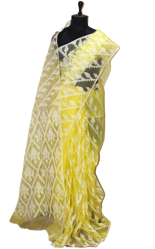 Sholapuri Thread Work Soft Muslin Jamdani Silk Saree in Pastel Yellow and Off White