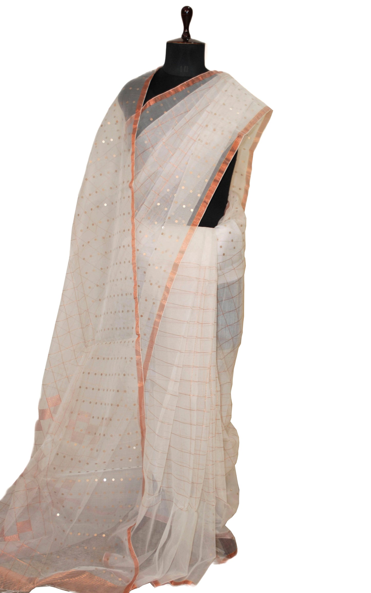 Designer Sitara Work Skirt Border Muslin Silk Saree in Off White and Copper
