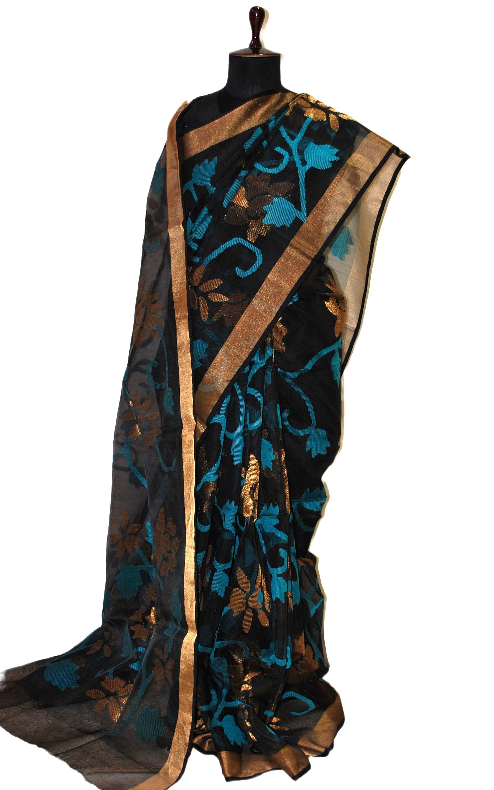 Premium Quality Muslin Silk Jamdani Saree in Black, Cyan and Matt Gold Zari Work