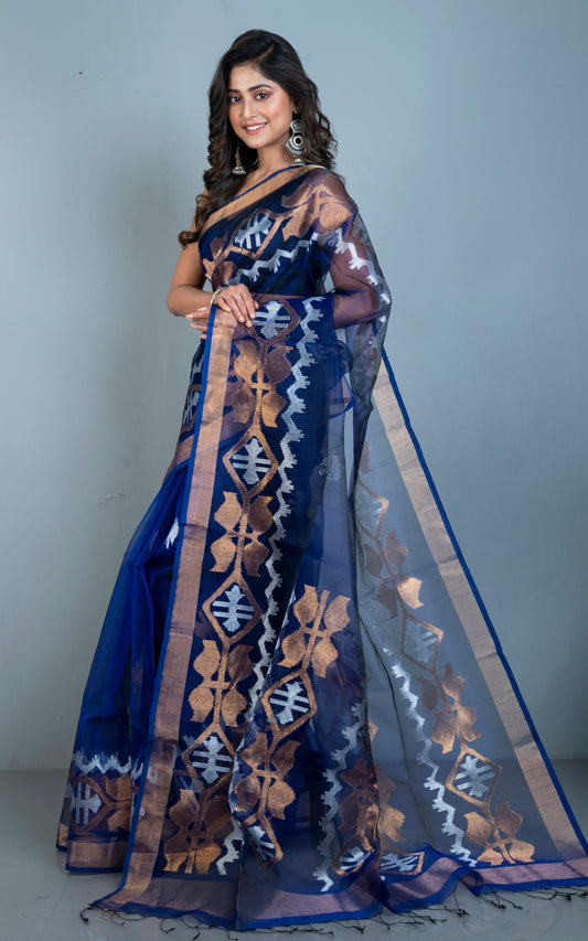 Traditional Karat Work Muslin Silk Jamdani Saree in Admiral Blue