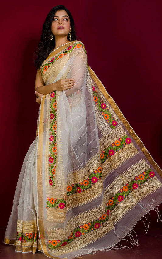 Sitara Work Muslin Silk Saree in White and Multicolored Machine Parsi Thread Work