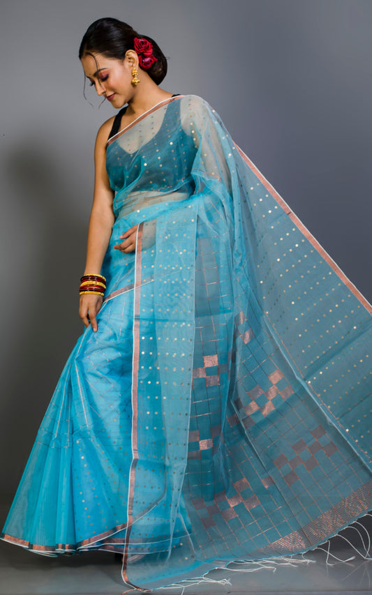 Designer Sitara Work Skirt Border Muslin Silk Saree in Frozen Blue and Copper