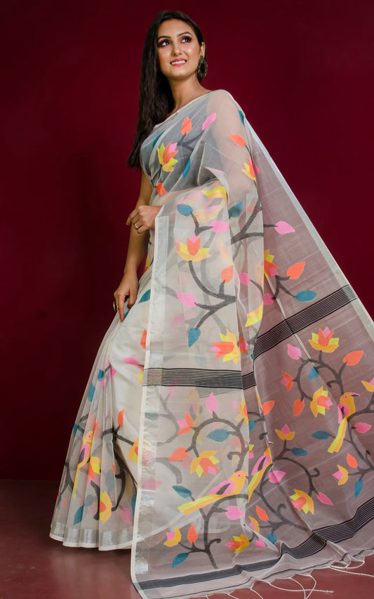 Soft Muslin Jamdani Saree in Off White and Multicolored Thread Work with Silver Zari Border