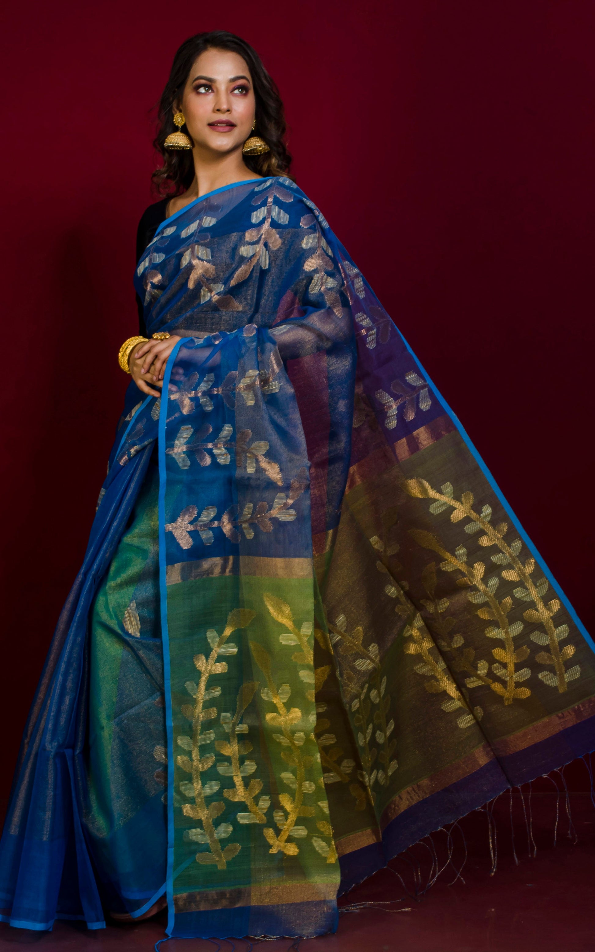 Designer Tissue Muslin Silk Saree in Azure Blue and Green