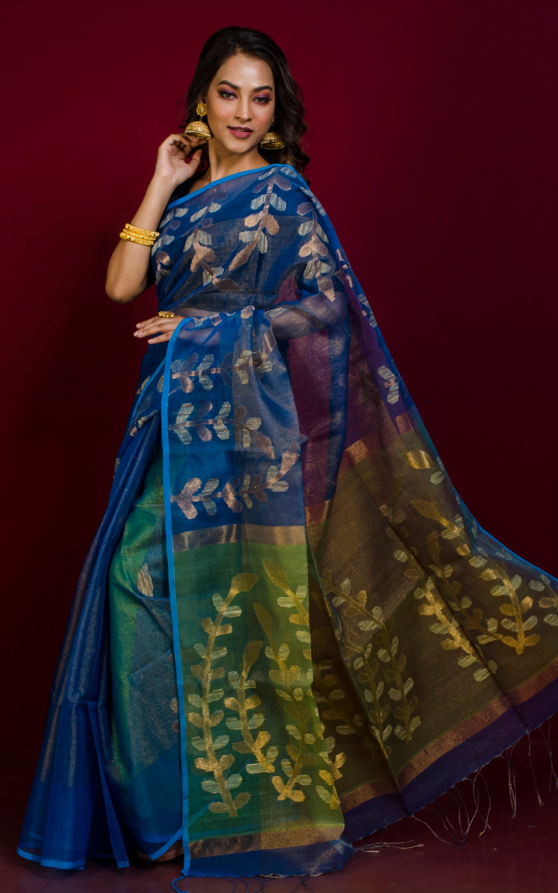 Designer Tissue Muslin Silk Saree in Azure Blue and Green